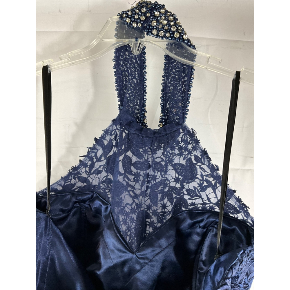 Jovani Beaded Halter Neck Formal Gown Navy Blue Lace Crystals Size 12 Used - Picture 3 of 9